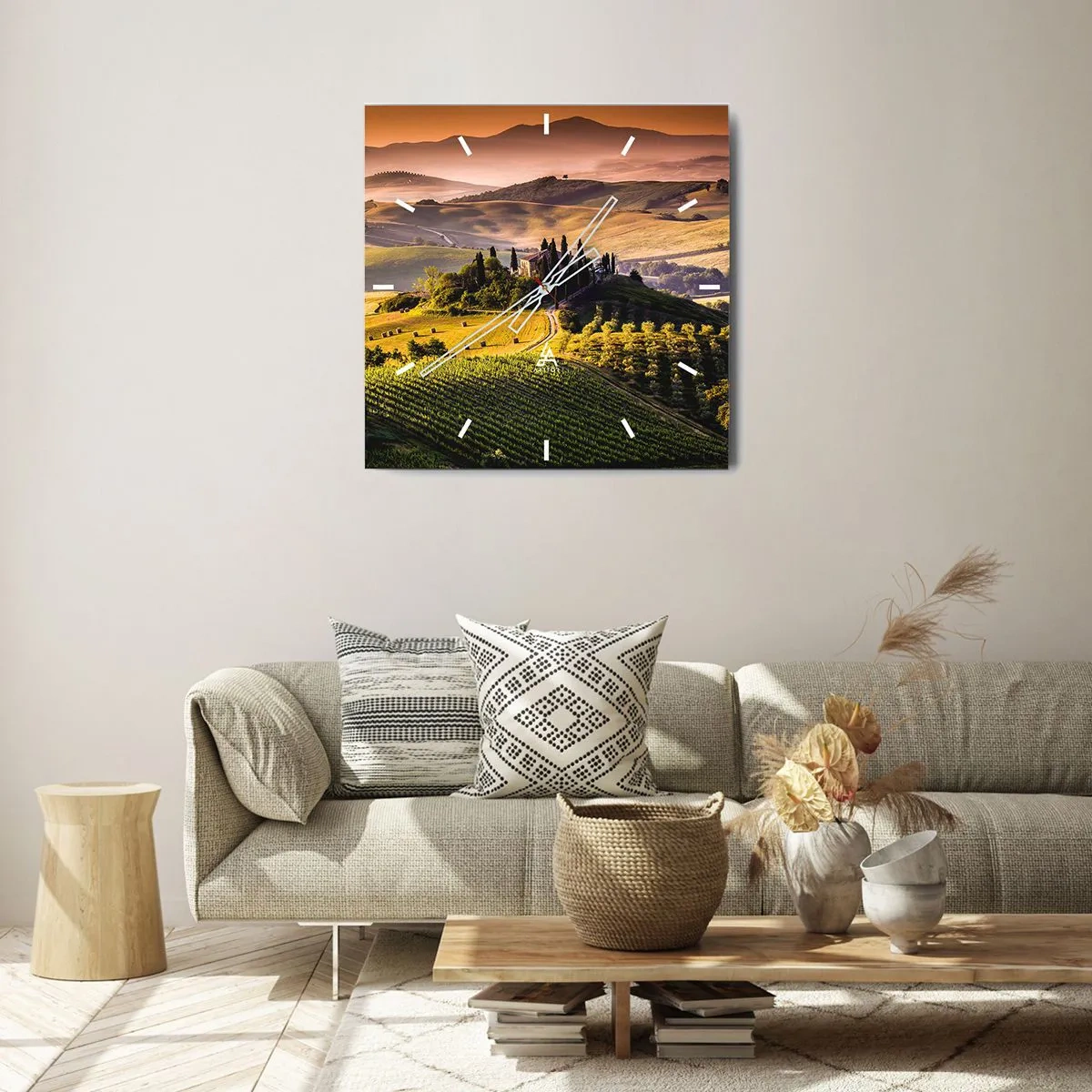 Reloj de pared - Reloj de vidrio - Paisaje toscano con viñedos y una casa en una colina. - 30x30cm - Paisaje toscano - Decoración de pared moderna para salón y dormitorio ARTTOR