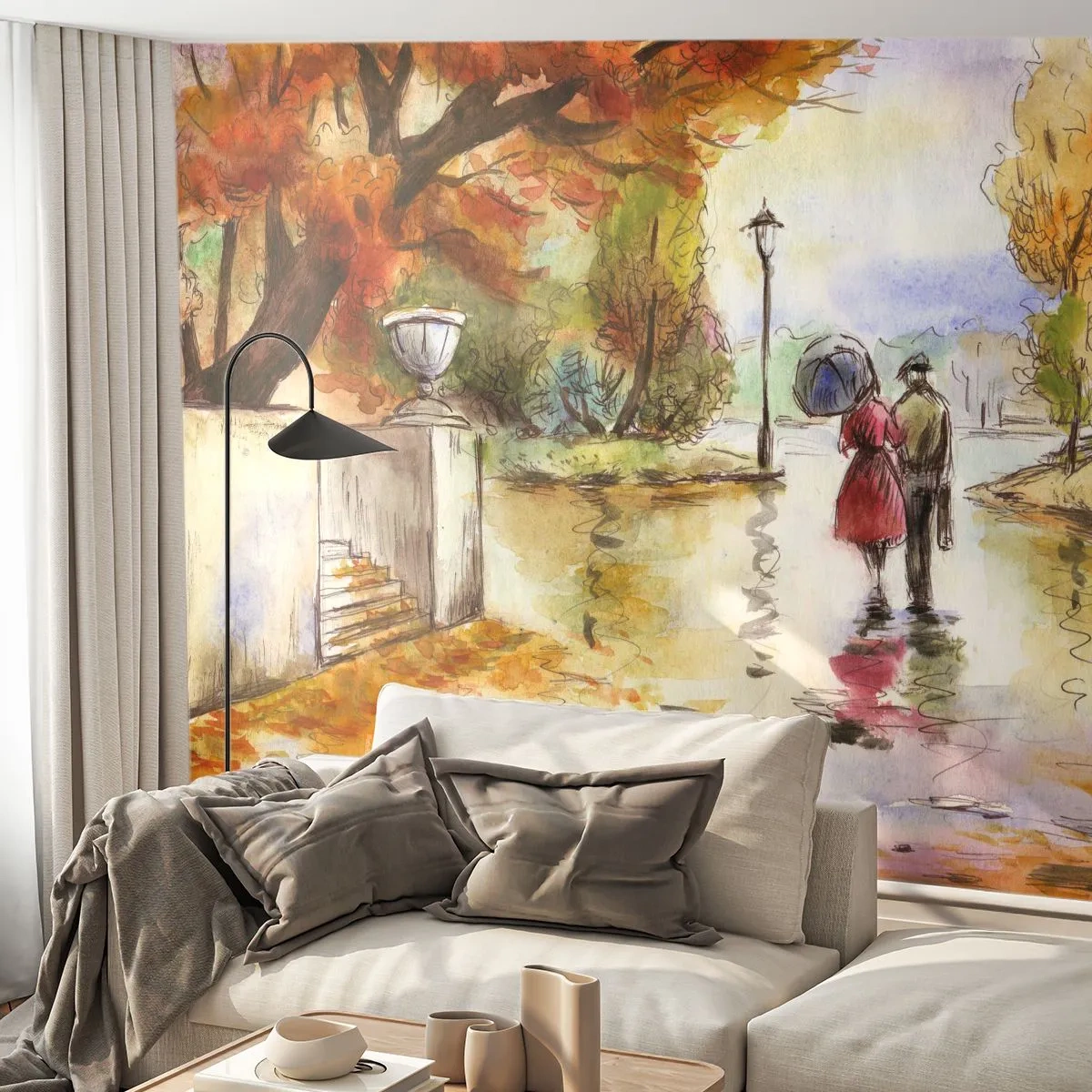 Fotomural Premium Sand - Un paseo otoñal de una pareja bajo la lluvia, ilustración en acuarela - 100x70cm - Un otoño romántico en el parque - Decoración de pared moderna para salón y dormitorio ARTTOR