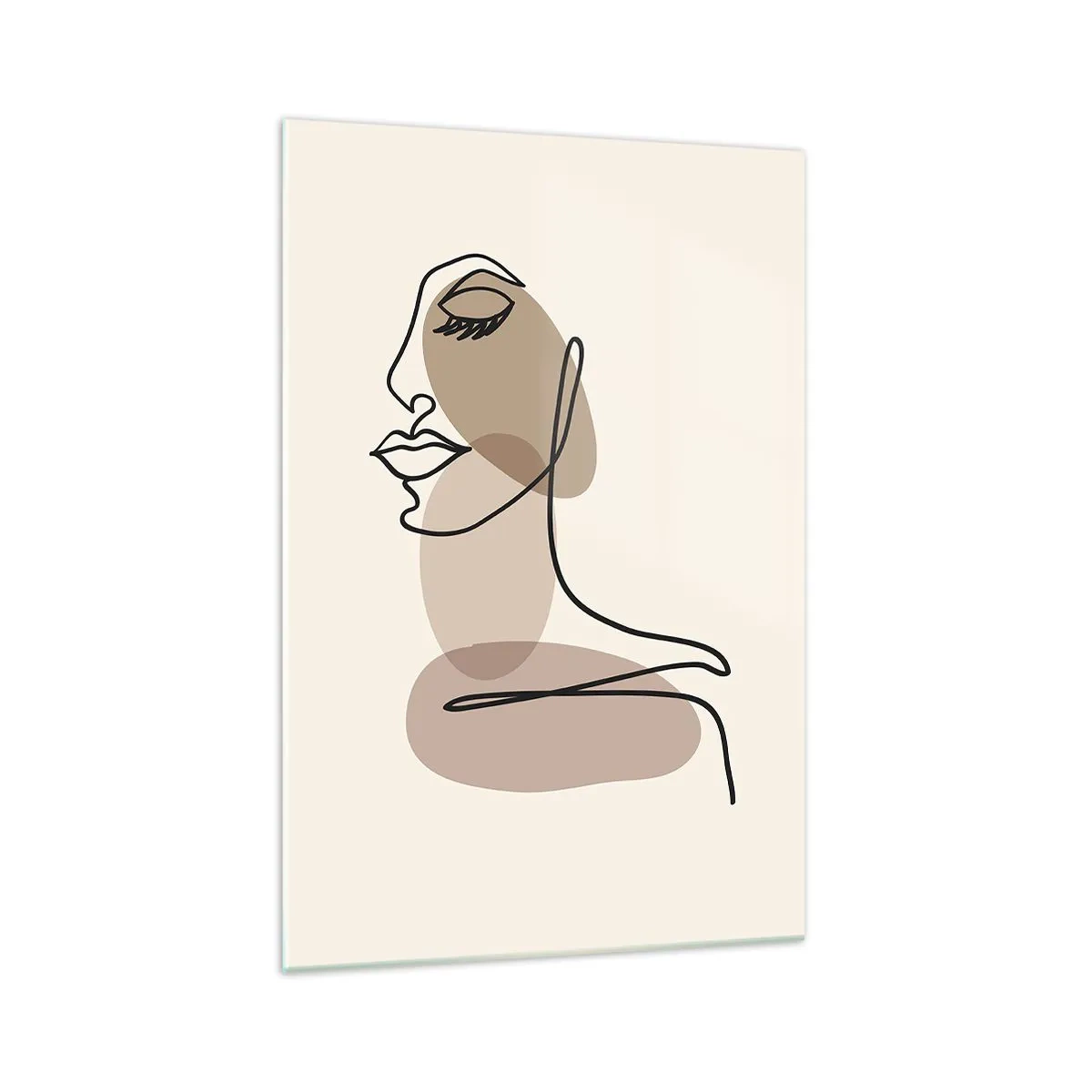 Cuadro sobre vidrio - Impresiones sobre Vidrio - Rostro de mujer minimalista con manchas abstractas. - 70x100cm - Escucharse a sí misma - Decoración de pared moderna para salón y dormitorio ARTTOR