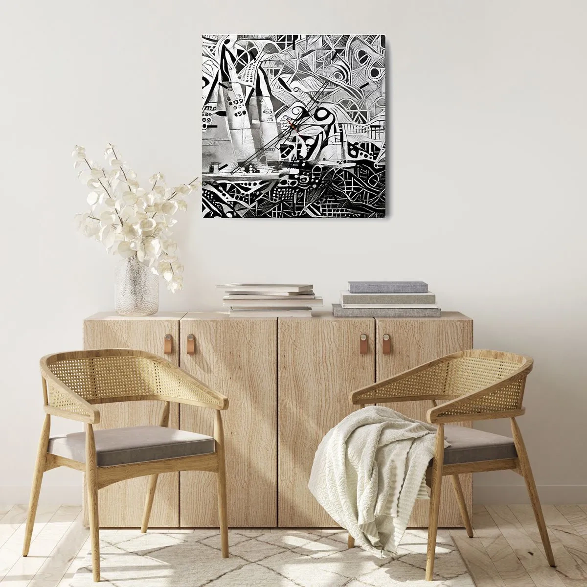 Reloj de pared - Reloj de vidrio - Veleros abstractos en una composición monocromática - 30x30cm - Entre las olas - Decoración de pared moderna para salón y dormitorio ARTTOR