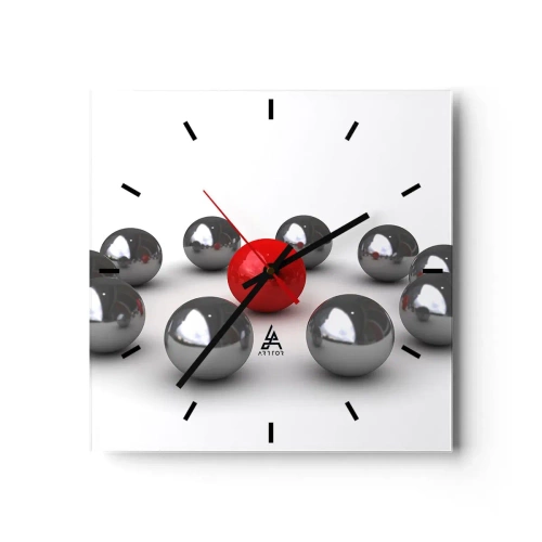 Reloj de pared - Reloj de vidrio - Una bola roja rodeada de bolas plateadas sobre un fondo blanco. - 30x30cm - Círculo en plata y rojo - Decoración de pared moderna para salón y dormitorio ARTTOR
