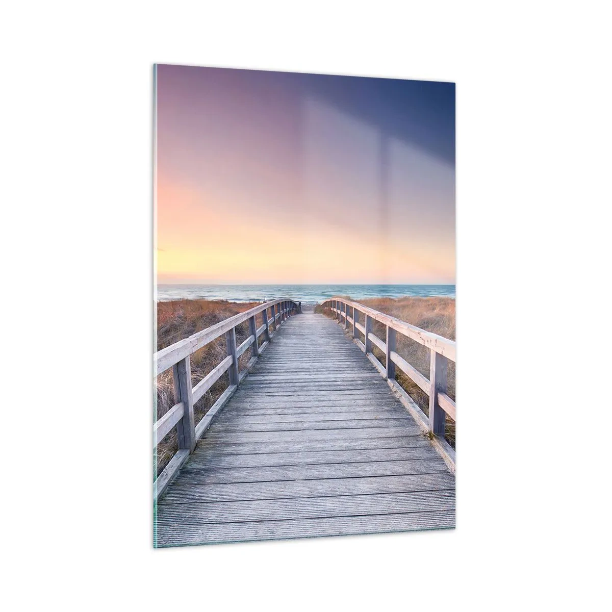 Cuadro sobre vidrio - Impresiones sobre Vidrio - Muelle de madera que conduce a la playa al atardecer - 50x70cm - Aurora vespertina del Báltico - Decoración de pared moderna para salón y dormitorio ARTTOR