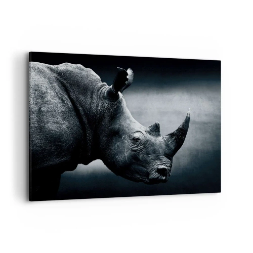 Cuadro sobre lienzo - Impresión de Imagen - Retrato en blanco y negro de un rinoceronte sobre un fondo oscuro. - 120x80cm - Perfil derecho - Decoración de pared moderna para salón y dormitorio ARTTOR
