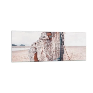 Cuadro sobre vidrio - Impresiones sobre Vidrio - Mujer de estilo boho con guitarra en la playa - 140x50cm - Una flor en el camino - Decoración de pared moderna para salón y dormitorio ARTTOR