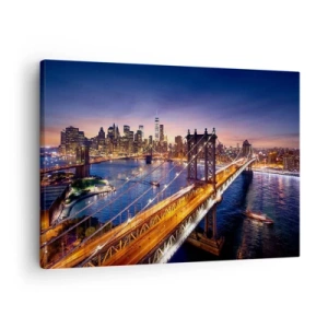 Cuadro sobre lienzo - Impresión de Imagen - El puente y el panorama de la ciudad al atardecer. - 70x50cm - Un puente luminoso hacia el corazón de la ciudad - Decoración de pared moderna para salón y dormitorio ARTTOR