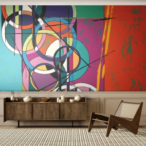 Fotomural Premium Sand - Abstracción colorida con círculos geométricos. - 100x70cm - Círculo sobre círculo - Decoración de pared moderna para salón y dormitorio ARTTOR