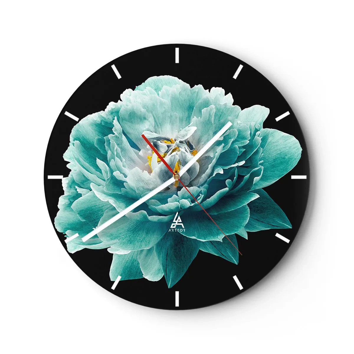 Reloj de pared - Reloj de vidrio - Flor de peonía turquesa sobre fondo negro - 30x30cm - Pétalos azules y dorados - Decoración de pared moderna para salón, cocina y dormitorio ARTTOR