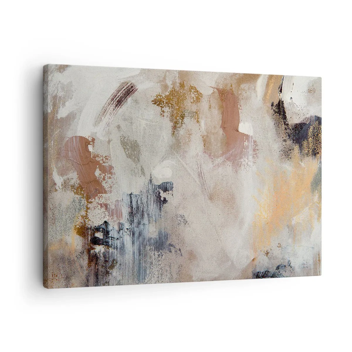 Cuadro sobre lienzo - Impresión de Imagen - Manchas abstractas en tonos apagados de beige y dorado. - 70x50cm - Abstracción brumosa - Decoración de pared moderna para salón y dormitorio ARTTOR
