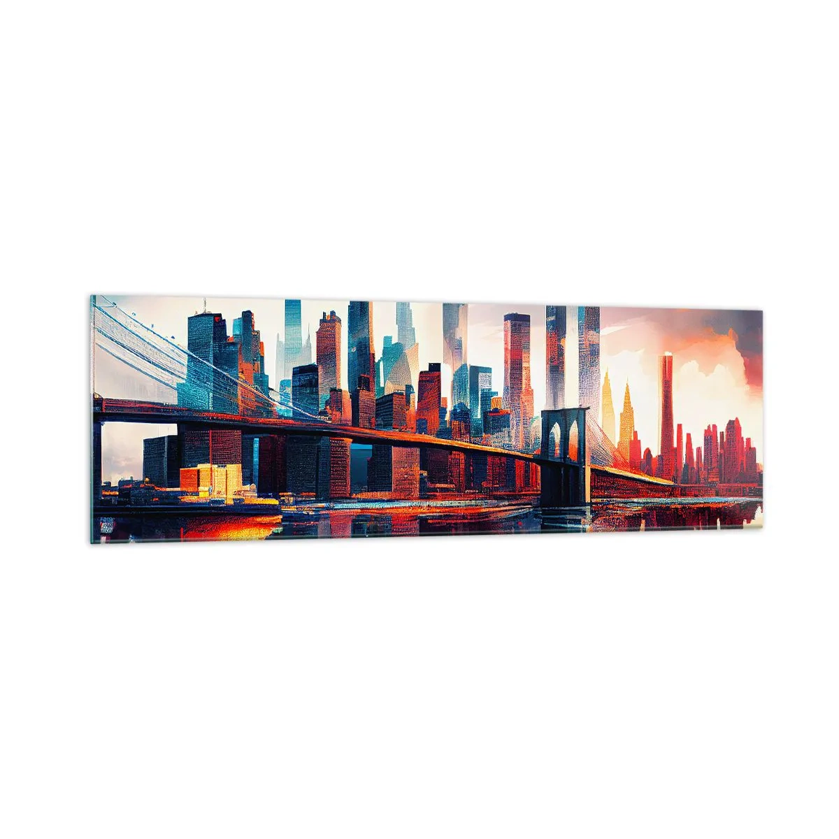 Cuadro sobre vidrio - Impresiones sobre Vidrio - Panorama de la ciudad de Nueva York con puente y reflejo en el agua - 160x50cm - Nueva York siempre luce - Decoración de pared moderna para salón y dormitorio ARTTOR