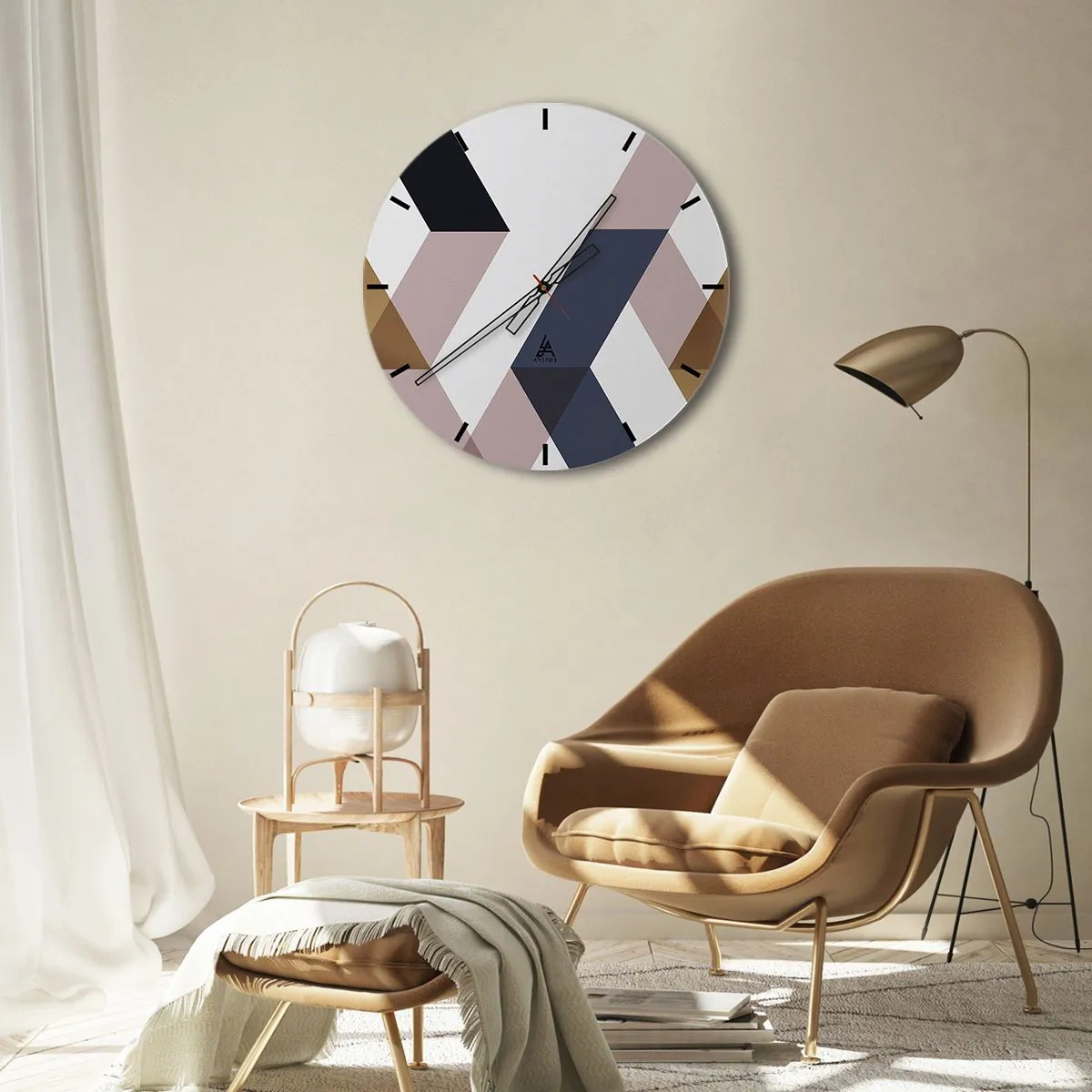 Reloj de pared - Reloj de vidrio - Formas geométricas en tonos beige y marrón. - 30x30cm - Rectas y ángulos - Decoración de pared moderna para salón, cocina y dormitorio ARTTOR