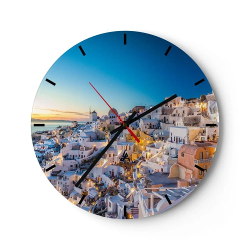 Reloj de pared - Reloj de vidrio - Vista nocturna de un pintoresco pueblo griego con casas blancas. - 30x30cm - La esencia de lo griego - Decoración de pared moderna para salón, cocina y dormitorio ARTTOR