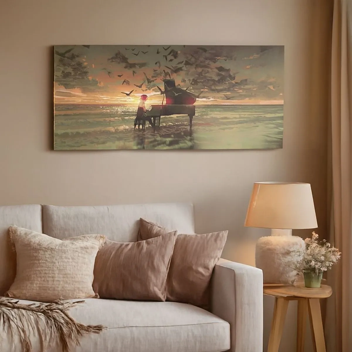 Cuadro sobre lienzo - Impresión de Imagen - Concierto de piano y olas - 100x40 cm