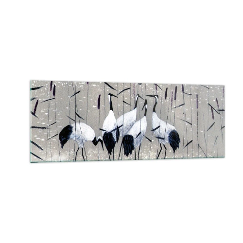 Cuadro sobre vidrio - Impresiones sobre Vidrio - Garzas en la hierba contra un fondo tranquilo - 140x50cm - Entre los suyos - Decoración de pared moderna para salón y dormitorio ARTTOR