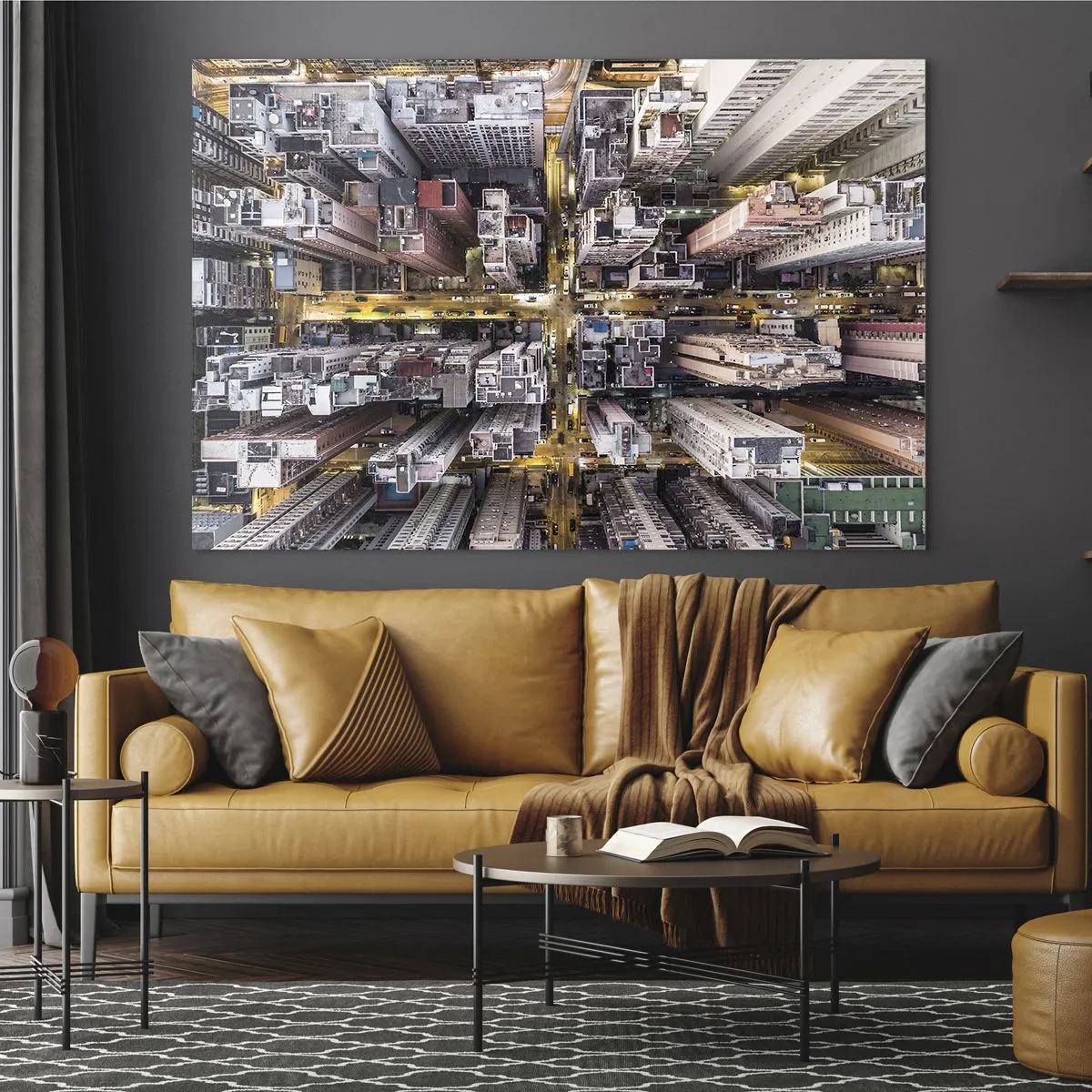 Cuadro sobre vidrio - Impresiones sobre Vidrio - Una vista de pájaro de la metrópolis - 100x70cm - Saludos desde Hong Kong - Decoración de pared moderna para salón y dormitorio ARTTOR