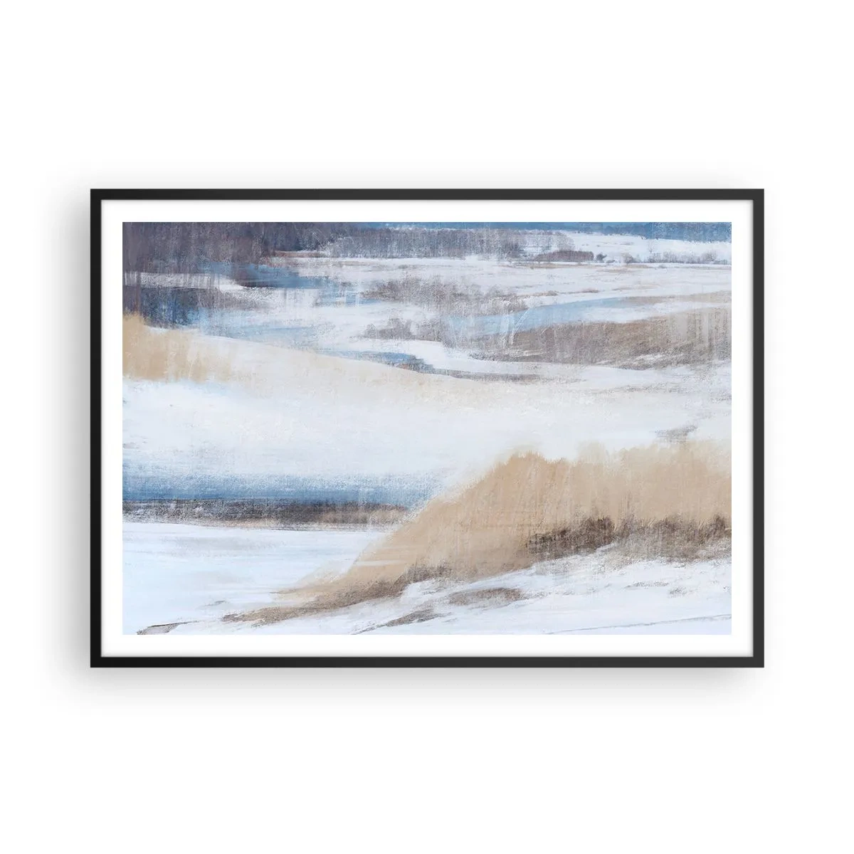 Póster en marco negro - Paisaje invernal abstracto en tonos blancos y azules. - 100x70cm - Composición invernal - Decoración de pared moderna para salón y dormitorio ARTTOR