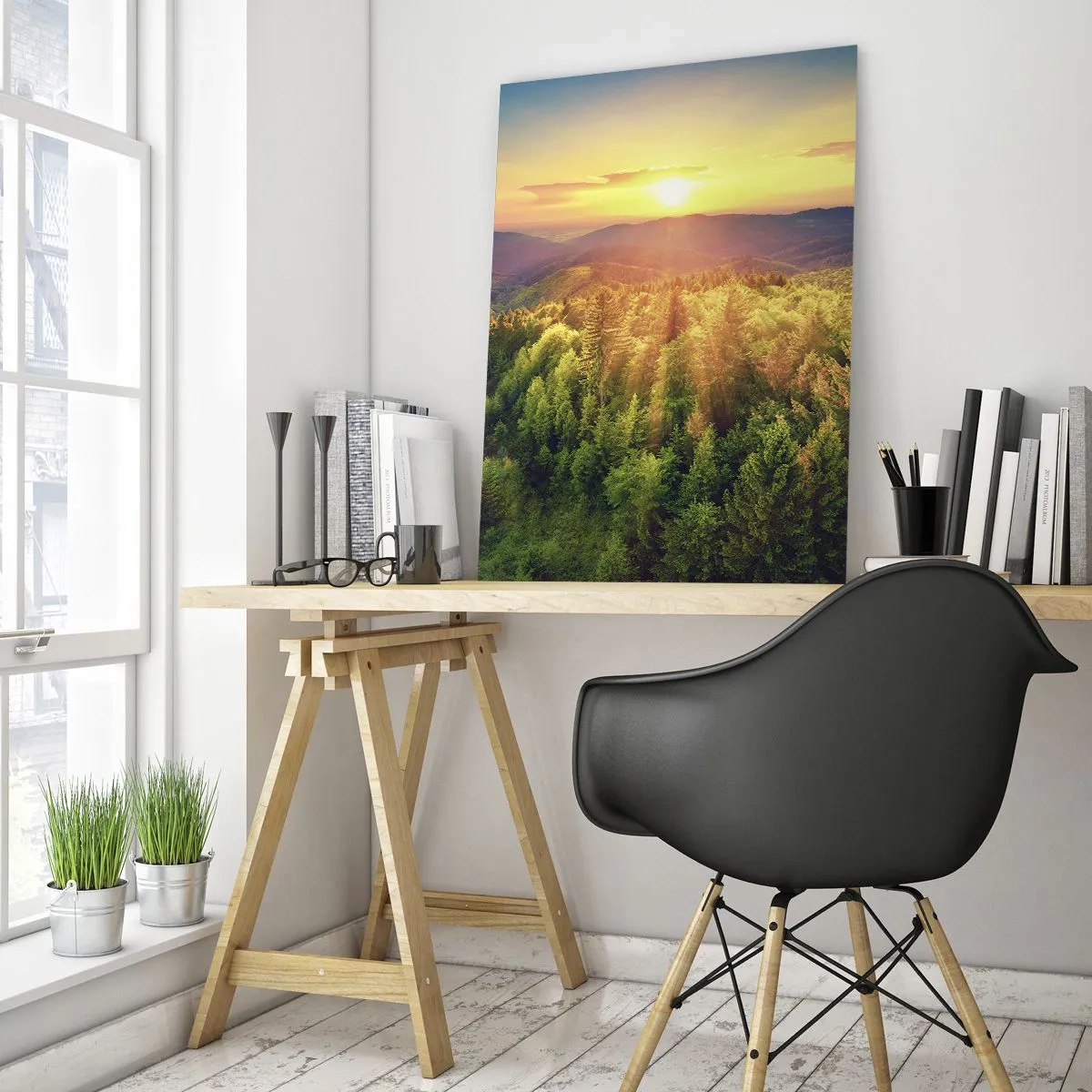 Cuadro sobre vidrio - Impresiones sobre Vidrio - Paisaje forestal con puesta de sol sobre las colinas - 70x100cm - Desde lo alto - Decoración de pared moderna para salón y dormitorio ARTTOR