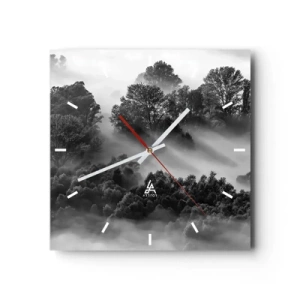 Reloj de pared - Reloj de vidrio - Paisaje forestal en blanco y negro en la niebla matutina - 30x30cm - Levantarse del sueño - Decoración de pared moderna para salón y dormitorio ARTTOR