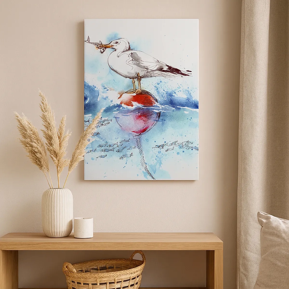 Cuadro sobre lienzo - Impresión de Imagen - Gaviota en una boya con peces al fondo en estilo acuarela - 50x70cm - Una captura exitosa - Decoración de pared moderna para salón y dormitorio ARTTOR