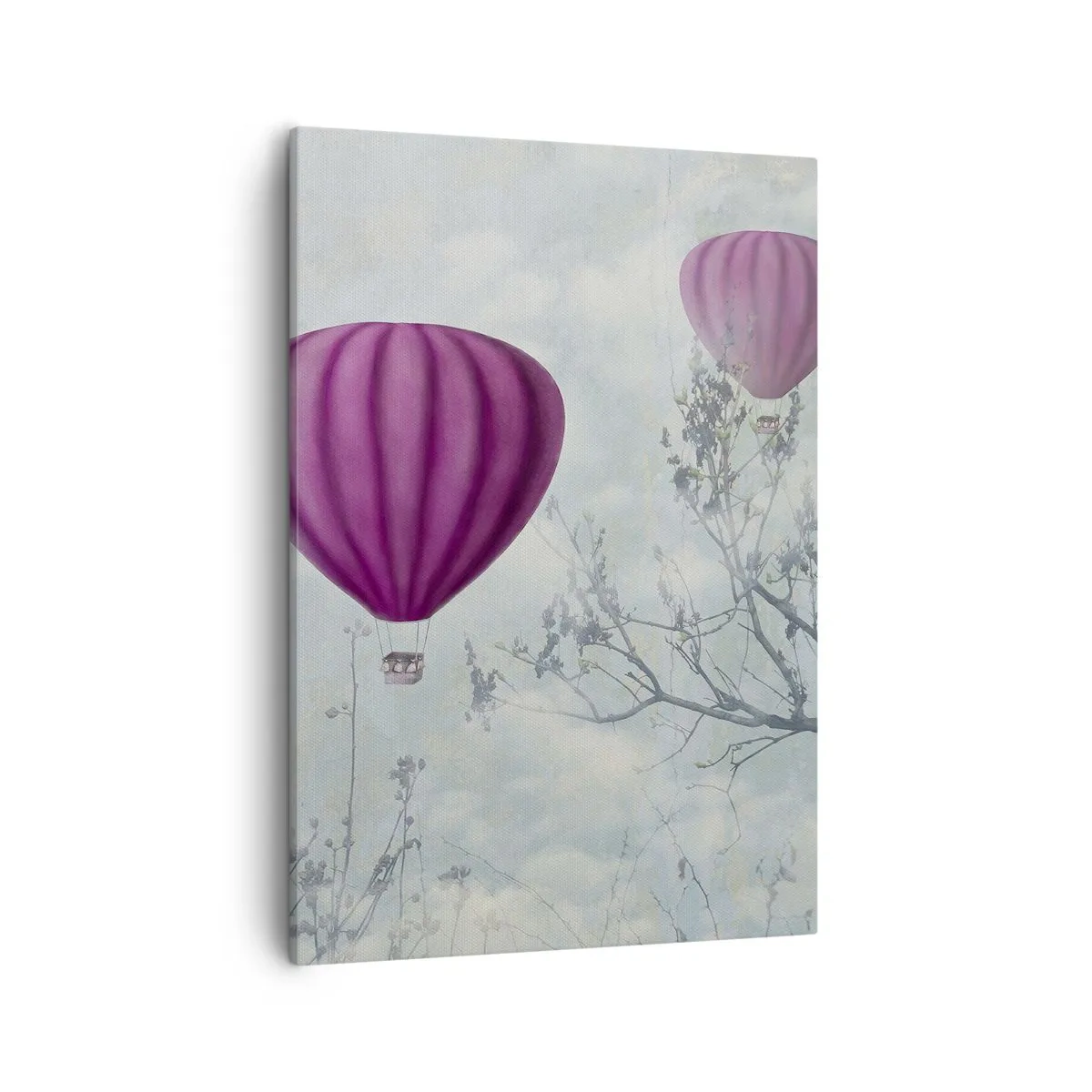 Cuadro sobre lienzo - Impresión de Imagen - Globos morados flotando sobre los árboles en las nubes. - 50x70cm - Surcando los cielos - Decoración de pared moderna para salón y dormitorio ARTTOR