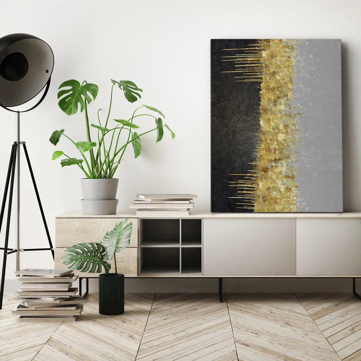 Cuadro sobre lienzo - Impresión de Imagen - Composición abstracta en tonos dorados y negros. - 50x70cm - Hacia arriba y hacia abajo - Decoración de pared moderna para salón y dormitorio ARTTOR