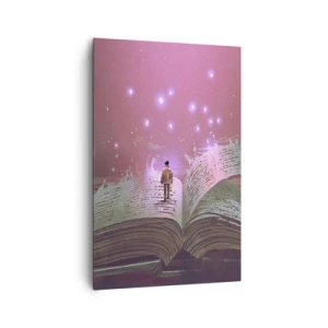 Cuadro sobre lienzo - Impresión de Imagen - Una figura pisa un libro abierto bajo una luz mágica. - 80x120cm - Una invitación a otro mundo - Decoración de pared moderna para salón y dormitorio ARTTOR