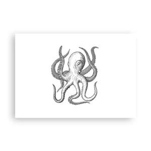 Póster - Dibujo en blanco y negro de un pulpo sobre un fondo blanco en estilo vintage. - 100x70cm - Bailando con olas - Decoración de pared moderna para salón y dormitorio ARTTOR