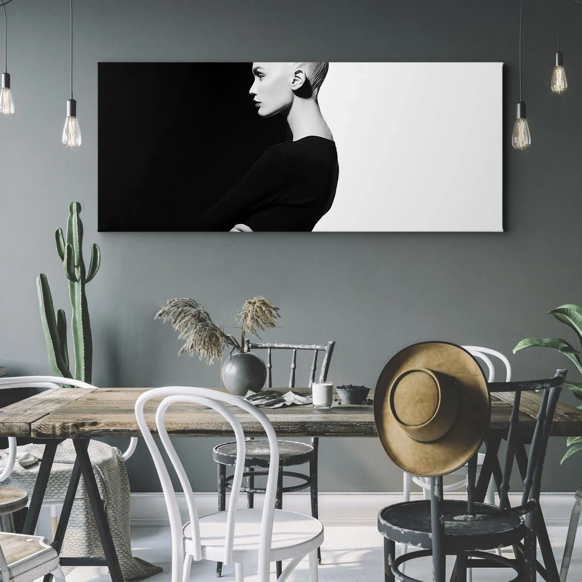 Cuadro sobre lienzo - Impresión de Imagen - Retrato elegante de una mujer sobre un fondo blanco y negro. - 120x50cm - Simplemente femenina - Decoración de pared moderna para salón y dormitorio ARTTOR