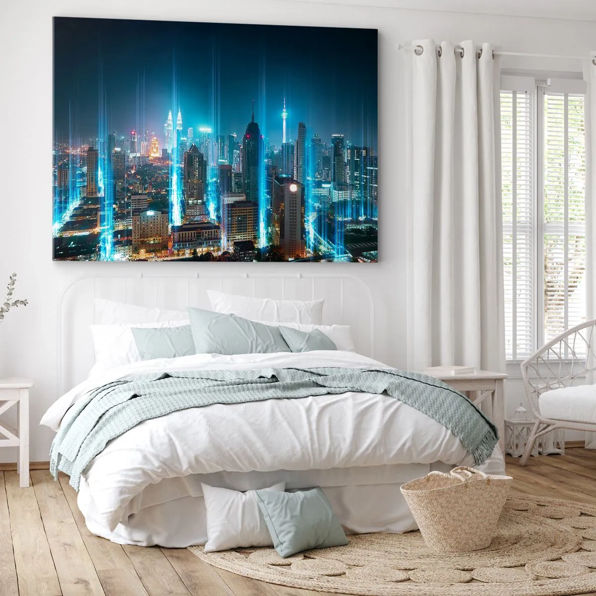Cuadro sobre lienzo - Impresión de Imagen - Una ciudad moderna de noche con acentos de iluminación futuristas. - 120x80cm - De Berlín al cielo - Decoración de pared moderna para salón y dormitorio ARTTOR