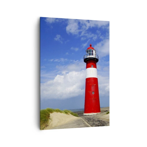 Cuadro sobre lienzo - Impresión de Imagen - Faro rojo en la playa bajo un cielo azul - 70x100cm - Una soledad de ensueño - Decoración de pared moderna para salón y dormitorio ARTTOR