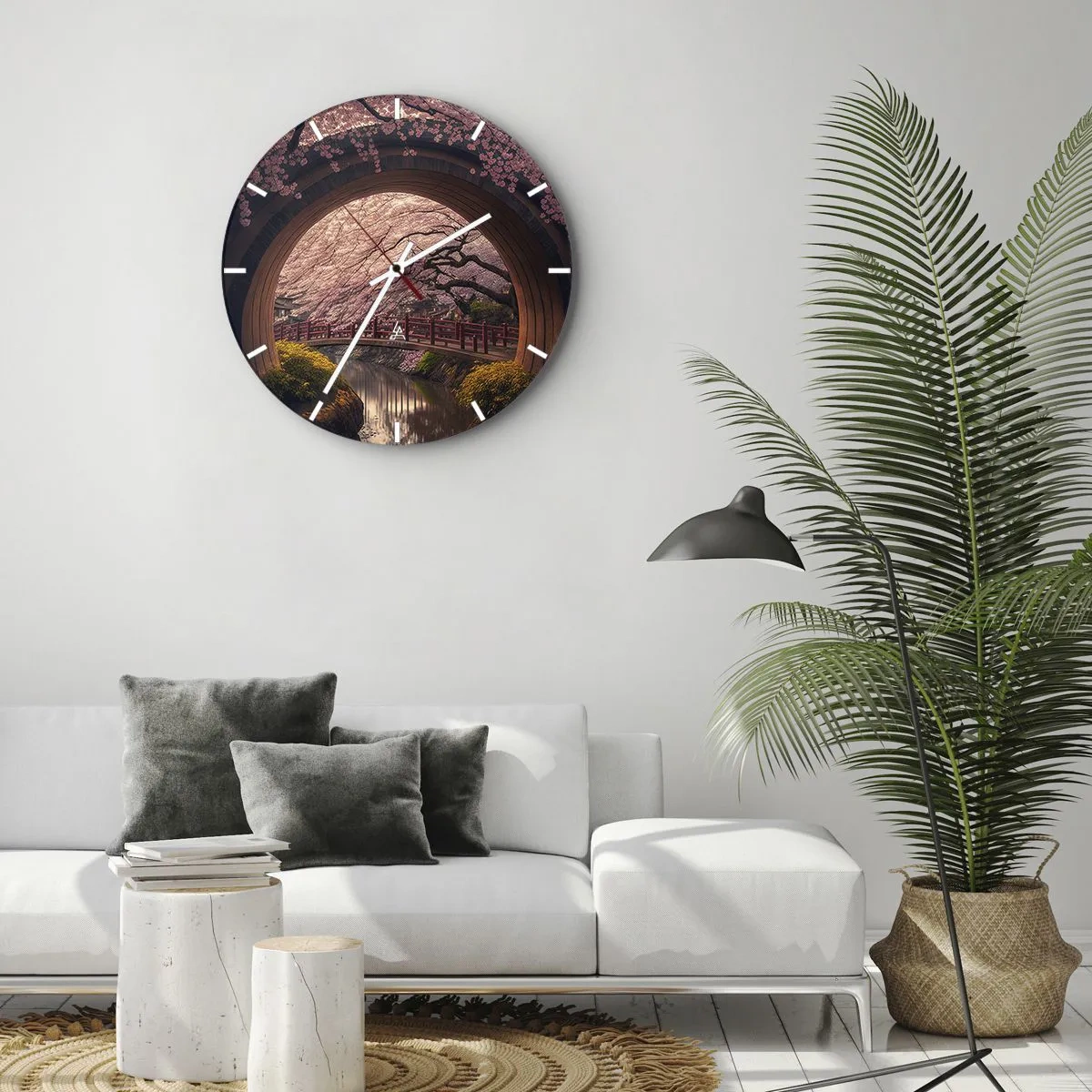 Reloj de pared - Reloj de vidrio - Vista del puente de los cerezos en flor de estilo japonés a través de la puerta redonda. - 30x30cm - Primavera japonesa - Decoración de pared moderna para salón, cocina y dormitorio ARTTOR