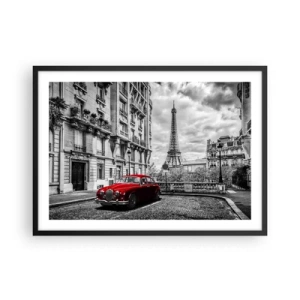Póster en marco negro - Un coche rojo con la Torre Eiffel al fondo en un entorno en blanco y negro. - 70x50cm - Un depredador en la ciudad - Decoración de pared moderna para salón y dormitorio ARTTOR