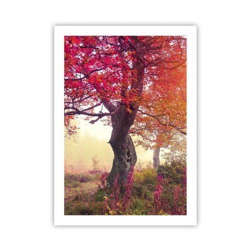 Póster - Un árbol con hojas rojas en un paisaje otoñal. - 50x70cm - Un frenesí de floración - Decoración de pared moderna para salón y dormitorio ARTTOR