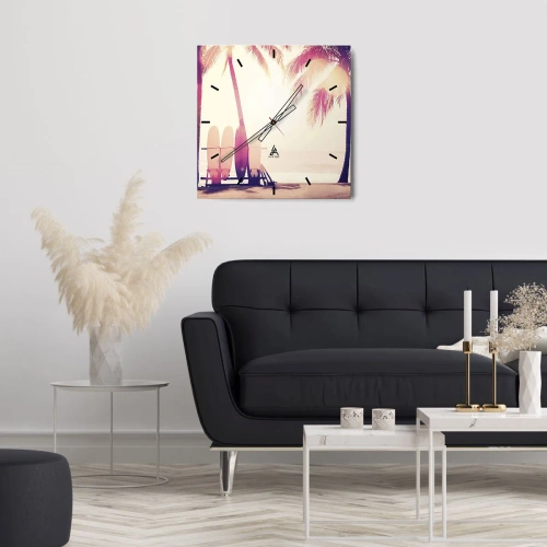 Reloj de pared - Reloj de vidrio - Palmeras y tablas de surf en la playa bajo el sol. - 30x30cm - Va a ser un gran día - Decoración de pared moderna para salón y dormitorio ARTTOR