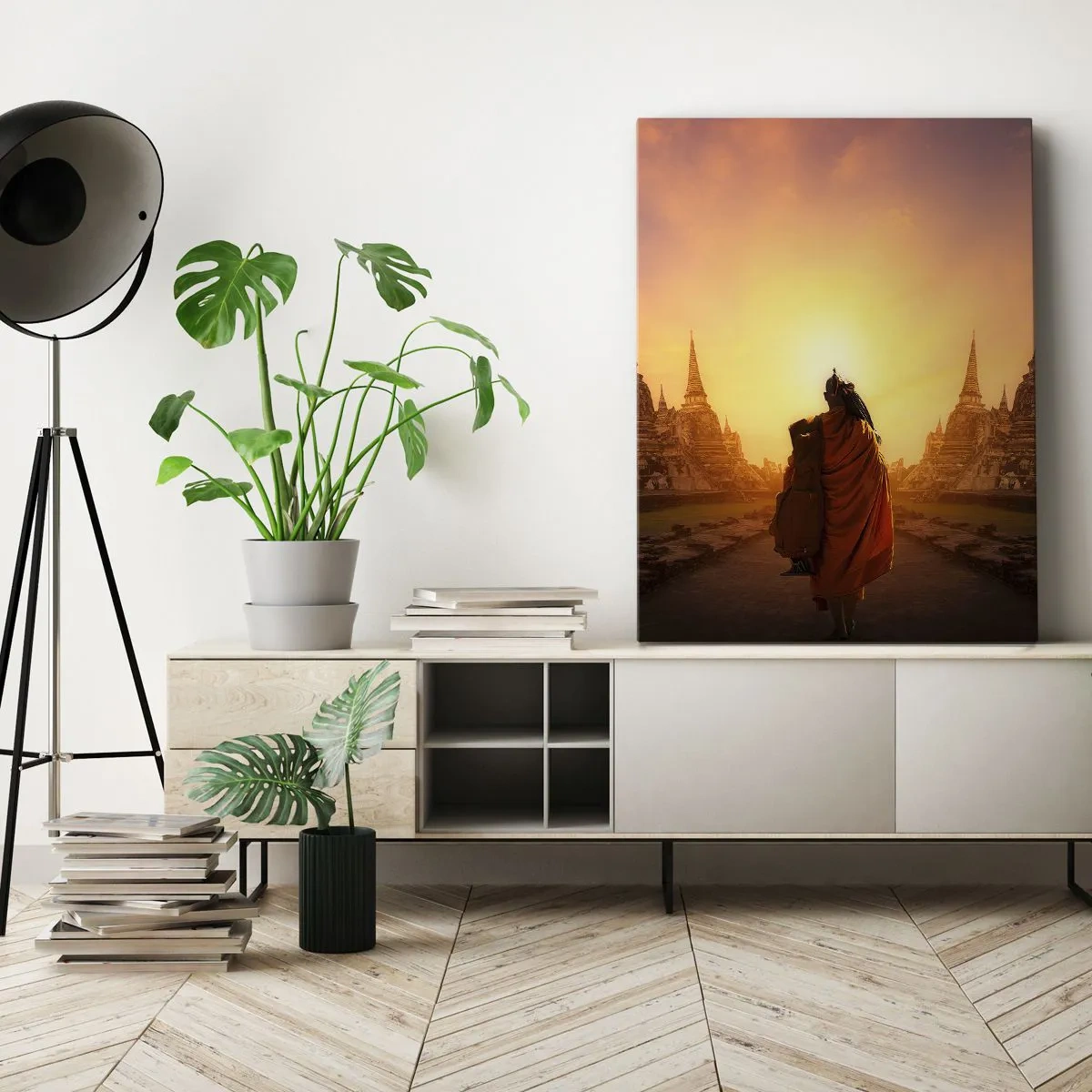 Cuadro sobre lienzo - Impresión de Imagen - Un monje entre los templos al atardecer. - 70x100cm - En paz por la eternidad - Decoración de pared moderna para salón y dormitorio ARTTOR
