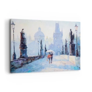 Cuadro sobre lienzo - Impresión de Imagen - Pareja romántica en un puente bajo la lluvia, una escena pictórica - 100x70cm - El embrujo de la lluvia - Decoración de pared moderna para salón y dormitorio ARTTOR