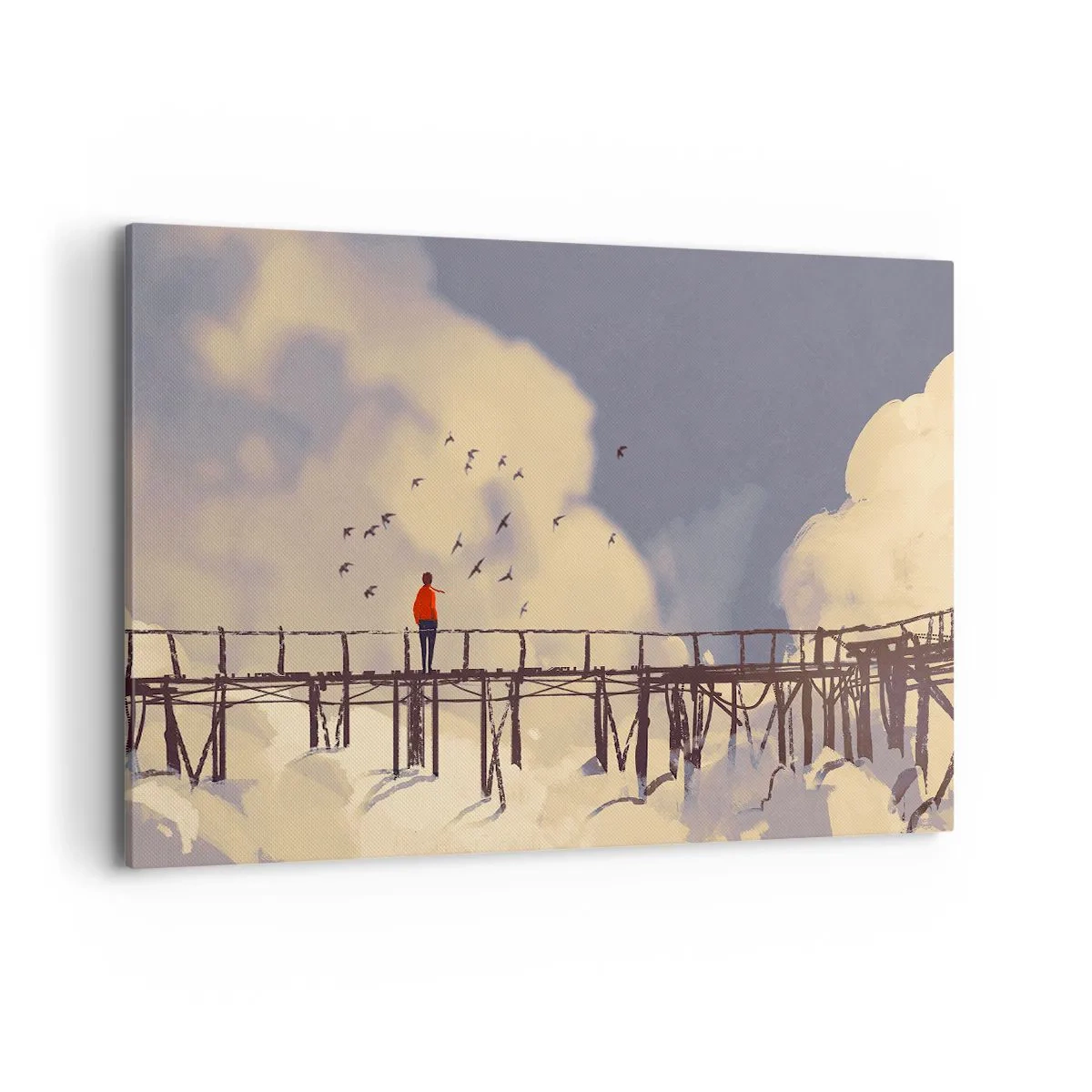 Cuadro sobre lienzo - Impresión de Imagen - Una figura en un puente entre nubes con pájaros en el cielo. - 100x70cm - Anhelo azul - Decoración de pared moderna para salón y dormitorio ARTTOR