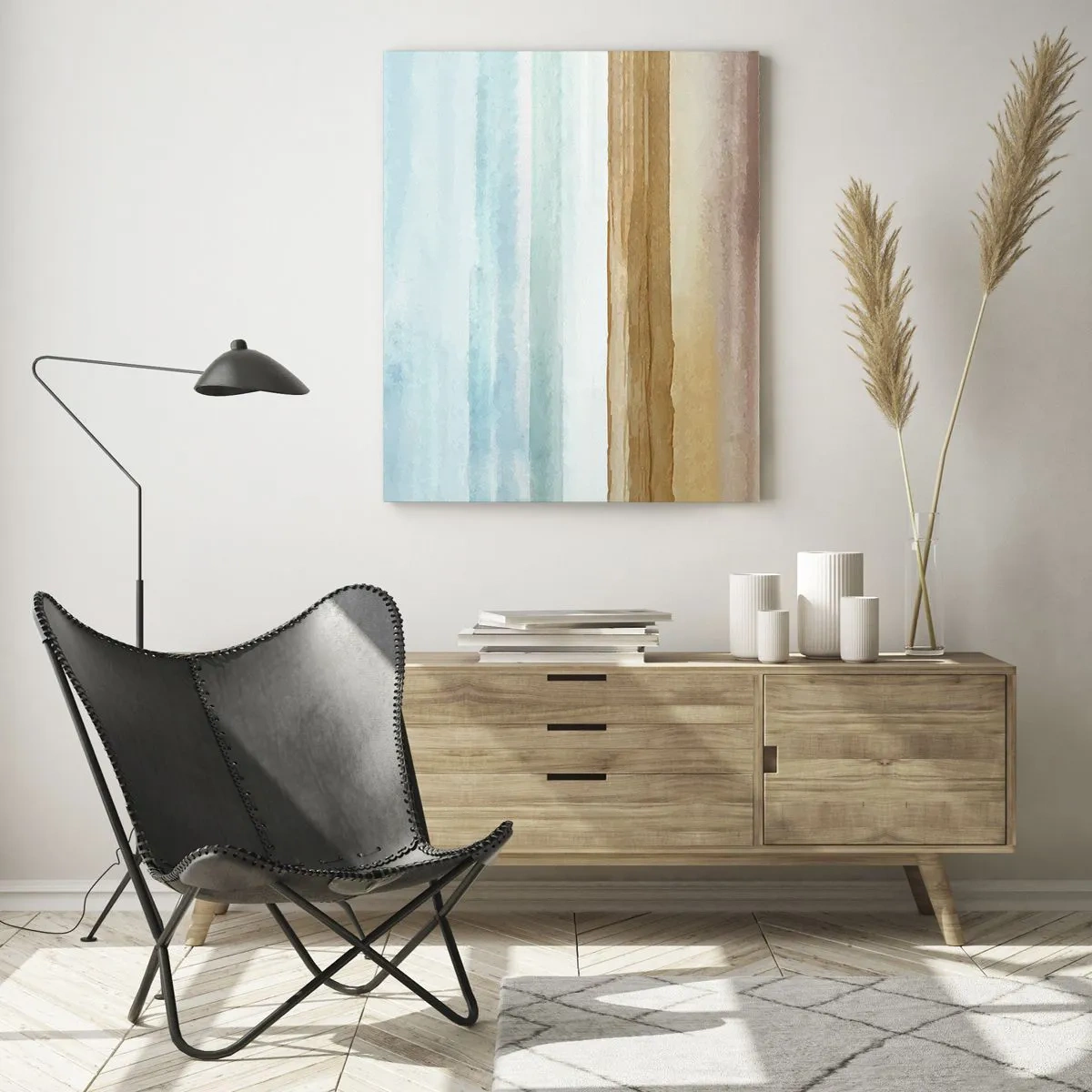 Cuadro sobre vidrio - Impresiones sobre Vidrio - Paisaje de playa abstracto en tonos pastel - 80x120cm - Serenidad - Decoración de pared moderna para salón y dormitorio ARTTOR