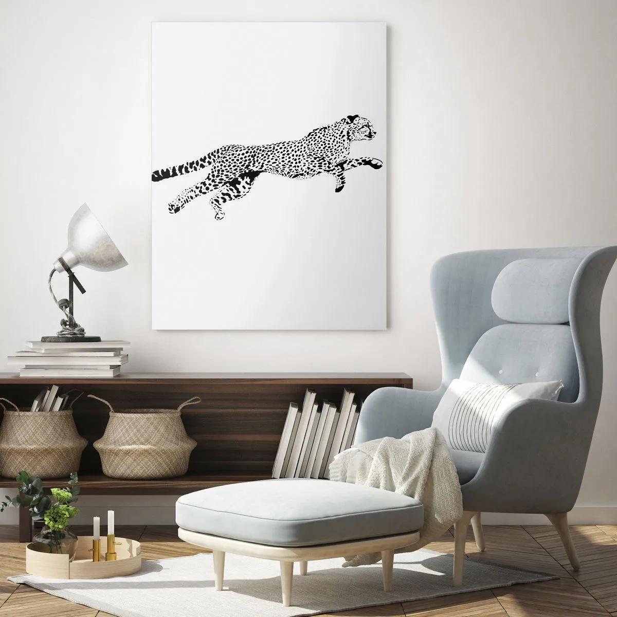Cuadro sobre vidrio - Impresiones sobre Vidrio - Ilustración de un guepardo saltando - 50x70cm - El más veloz del mundo - Decoración de pared moderna para salón y dormitorio ARTTOR