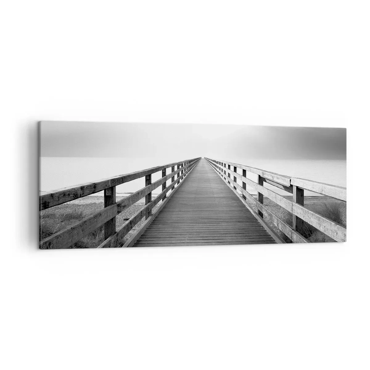 Cuadro sobre lienzo - Impresión de Imagen - Una imagen en blanco y negro de un embarcadero de madera que conduce hacia el horizonte. - 140x50cm - En la distancia... - Decoración de pared moderna para salón y dormitorio ARTTOR