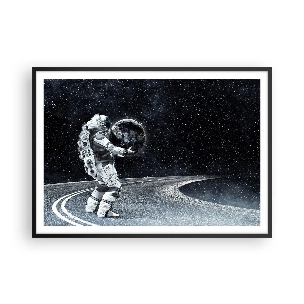 Póster en marco negro - Astronauta con la Tierra contra el cielo estrellado - 100x70cm - En la Vía Láctea - Decoración de pared moderna para salón y dormitorio ARTTOR