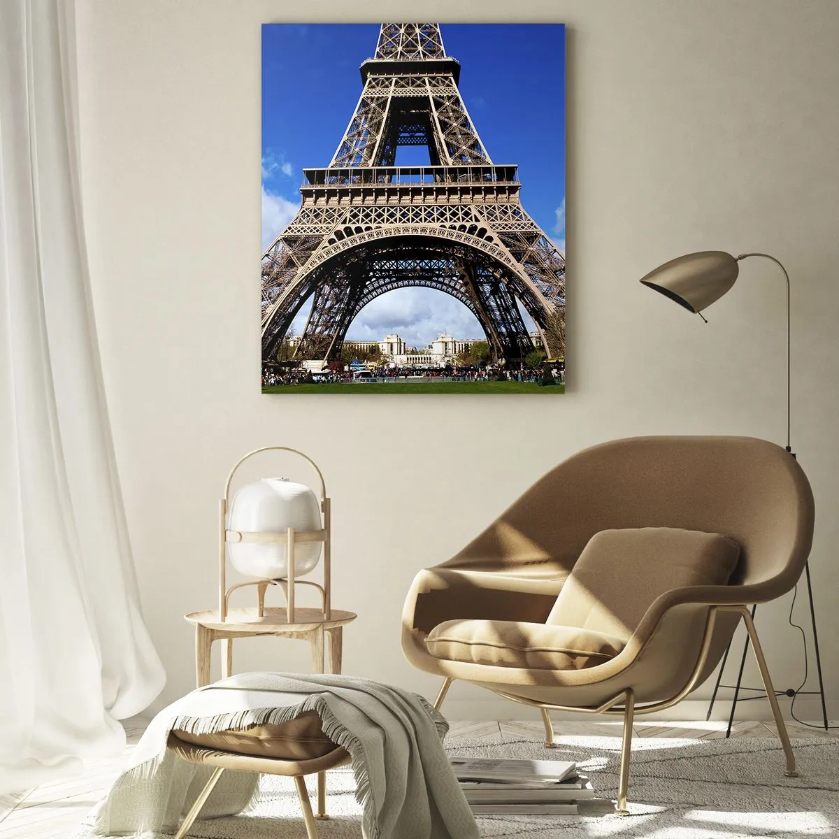Cuadro sobre vidrio - Impresiones sobre Vidrio - La Torre Eiffel con el cielo azul y un parque verde como fondo. - 80x120cm - Todo París a sus pies - Decoración de pared moderna para salón y dormitorio ARTTOR