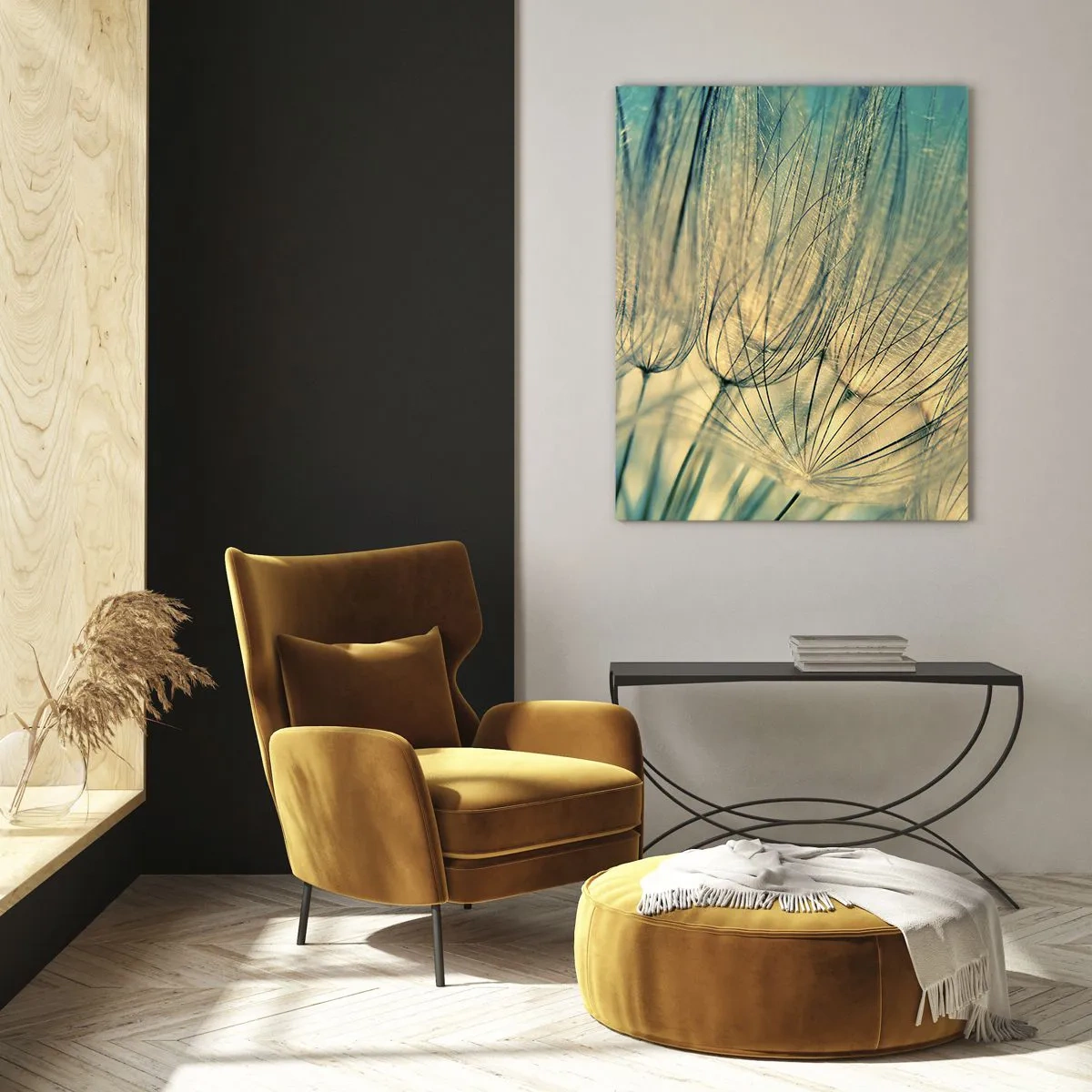 Cuadro sobre vidrio - Impresiones sobre Vidrio - Fotografía macro de un diente de león sobre un fondo turquesa. - 50x70cm - Esperando el viento - Decoración de pared moderna para salón y dormitorio ARTTOR