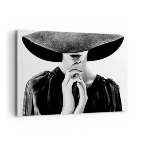 Cuadro sobre lienzo - Impresión de Imagen - Mujer elegante con un gran sombrero en tonos blanco y negro. - 120x80cm - Belleza oculta - Decoración de pared moderna para salón y dormitorio ARTTOR