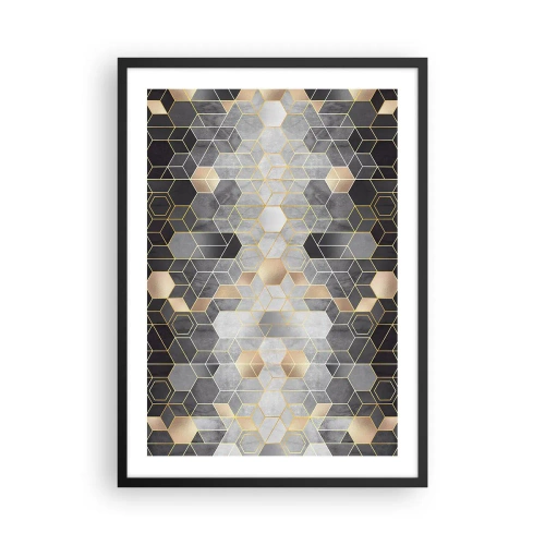 Póster en marco negro - Patrón hexagonal geométrico en tonos dorados y grises. - 50x70cm - Composición de diamantes - Decoración de pared moderna para salón y dormitorio ARTTOR