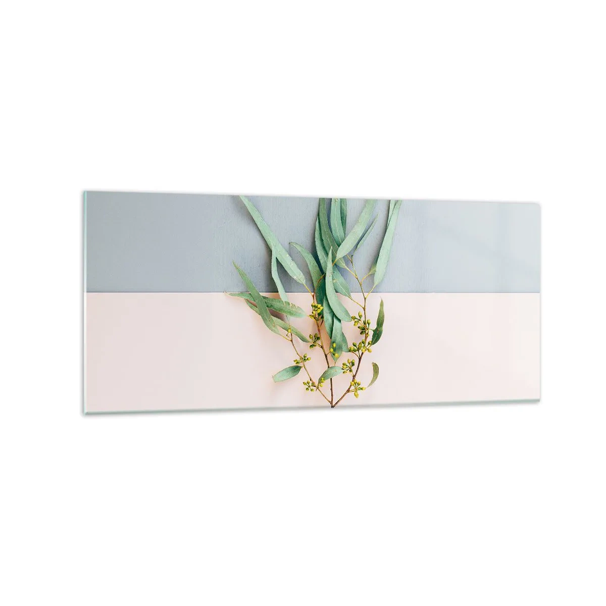 Cuadro sobre vidrio - Impresiones sobre Vidrio - Una rama con hojas sobre un fondo de tonos pastel. - 120x50cm - La sutileza del pastel - Decoración de pared moderna para salón y dormitorio ARTTOR