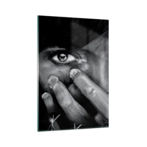 Cuadro sobre vidrio - Impresiones sobre Vidrio - Retrato en blanco y negro de una mujer cubriéndose la cara con las manos. - 80x120cm - No diré quién lo pintó - Decoración de pared moderna para salón y dormitorio ARTTOR