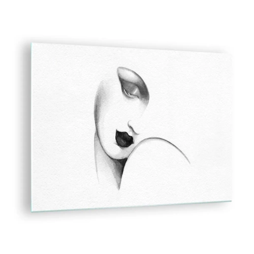 Cuadro sobre vidrio - Impresiones sobre Vidrio - Boceto Art Déco de un rostro de mujer en blanco y negro - 70x50cm - Pensativa - Decoración de pared moderna para salón y dormitorio ARTTOR