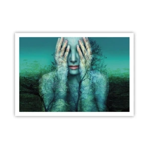 Póster - Figura de mujer con motivo de árbol sobre un fondo de paisaje turquesa. - 100x70cm - Sumergida en azul - Decoración de pared moderna para salón y dormitorio ARTTOR