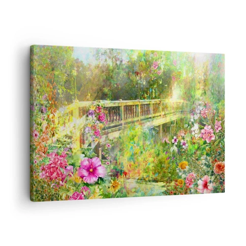 Cuadro sobre lienzo - Impresión de Imagen - Un puente rodeado de exuberante vegetación y flores. - 70x50cm - Un puente de suspiros de primavera - Decoración de pared moderna para salón y dormitorio ARTTOR