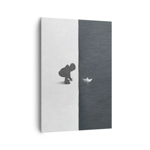 Cuadro sobre lienzo - Impresión de Imagen - Figura de un niño con un barquito de papel sobre un fondo de mitades contrastantes. - 70x100cm - Una gran expedición náutica - Decoración de pared moderna para salón y dormitorio ARTTOR